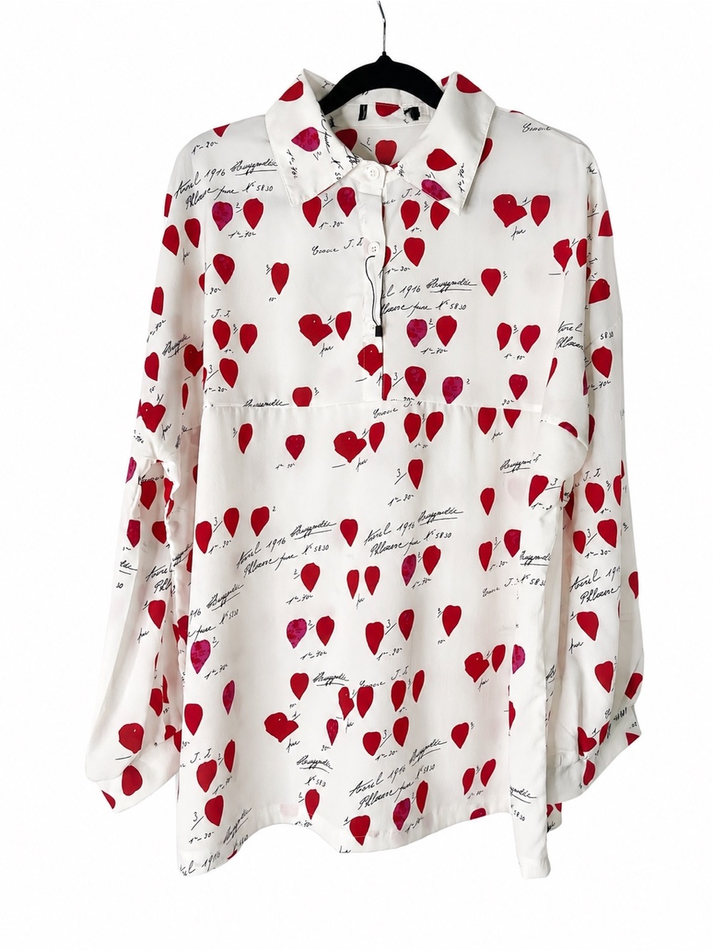 Ivory Heart Print Partial Button Blouse – Long Sleeve – Romantic Style